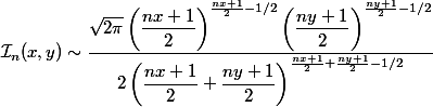 \mathcal{I}_n(x, y) \sim \dfrac{\sqrt{2\pi} \left(\dfrac{nx+1}{2}\right)^{\frac{nx+1}{2}-1/2}\left(\dfrac{ny+1}{2}\right)^{\frac{ny+1}{2}-1/2}}{2\left(\dfrac{nx+1}{2} + \dfrac{ny+1}{2}\right)^{\frac{nx+1}{2} + \frac{ny+1}{2}-1/2}}